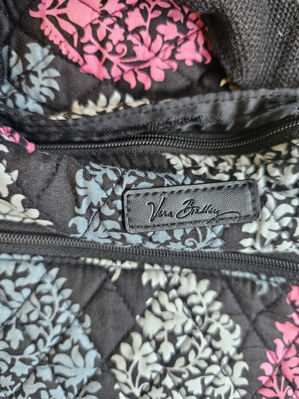 Vera Bradley Black Quilted Backpack with Pink & Gray Leaf Print OS